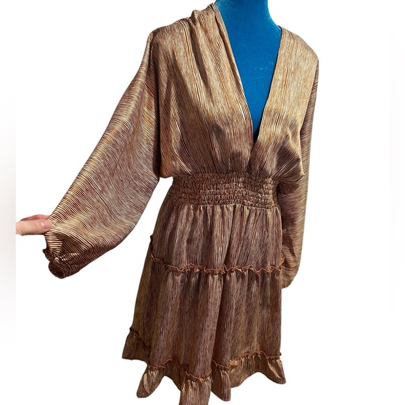 MOON RIVER Brown Tan Beige Striped Satin Balloon Dolman Sleeve Mini Dress Medium - Picture 4 of 8